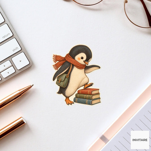 Penguin Book Stack Step Vinyl Sticker, Bookish Animal Art for Journals and Laptops