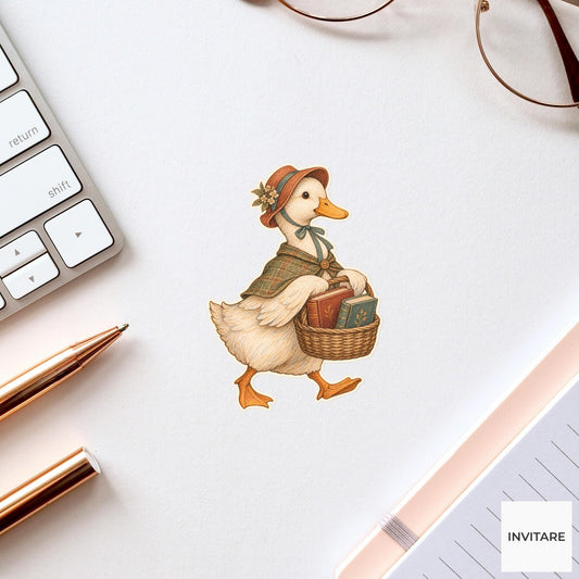 Duck Basket of Books Vinyl Sticker, Bookish Animal Art for Journals and Laptops