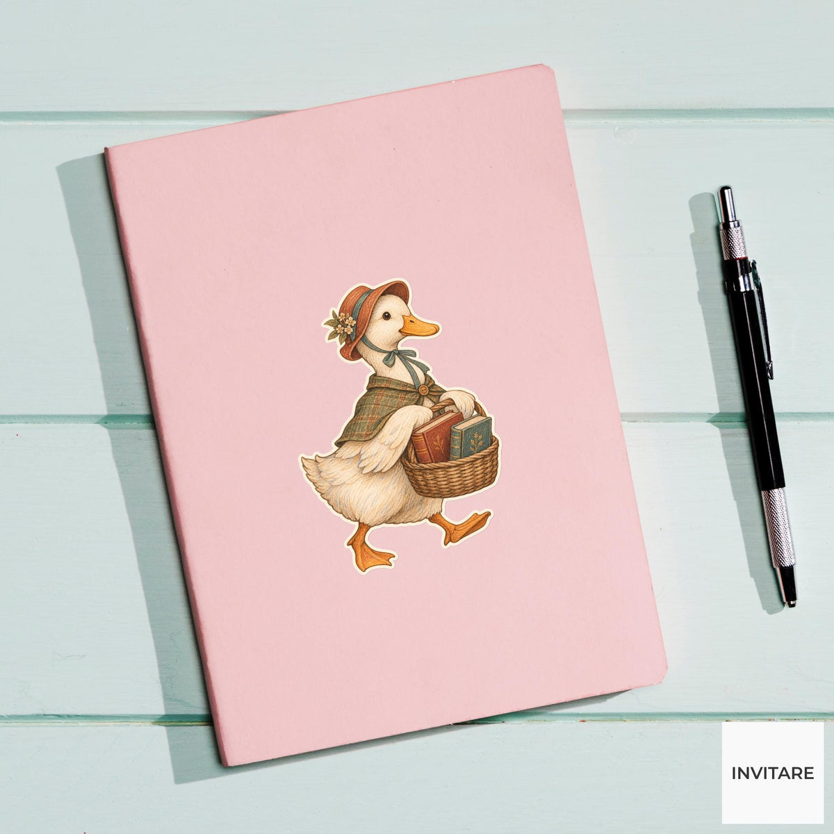 Duck Basket of Books Vinyl Sticker, Bookish Animal Art for Journals and Laptops