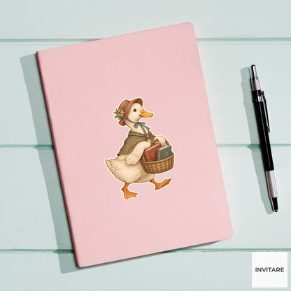 Duck Basket of Books Vinyl Sticker, Bookish Animal Art for Journals and Laptops