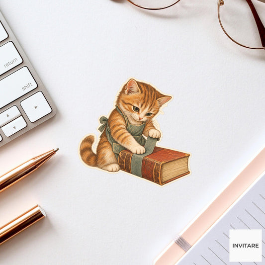Cat Book Spine Mending Vinyl Sticker, Bookish Animal Art for Journals and Laptops