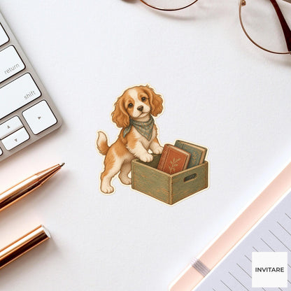 Dog Wooden Book Crate Vinyl Sticker, Bookish Animal Art for Journals and Laptops