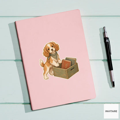 Dog Wooden Book Crate Vinyl Sticker, Bookish Animal Art for Journals and Laptops