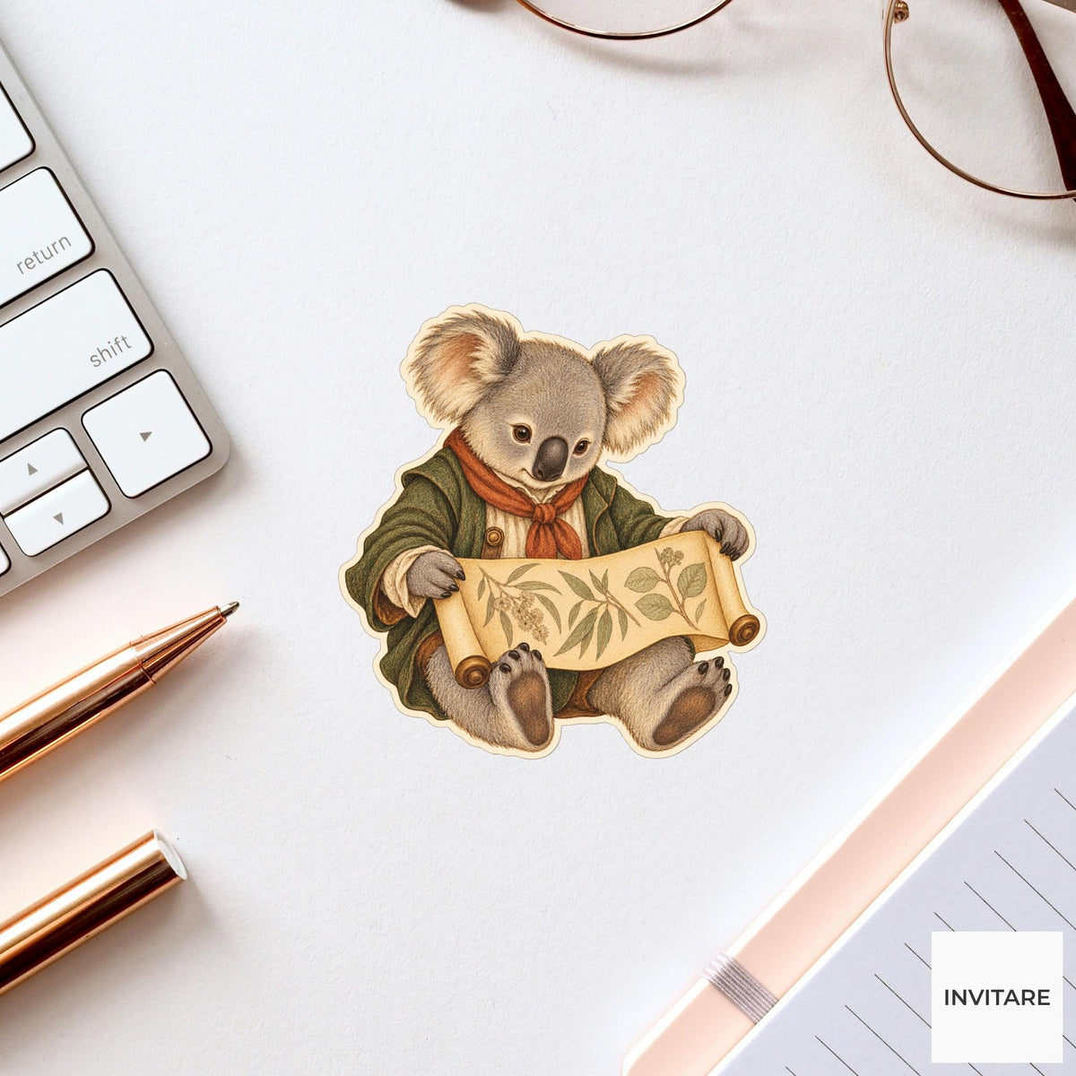 Koala Botanical Scroll Reader Vinyl Sticker, Bookish Animal Art for Journals and Laptops