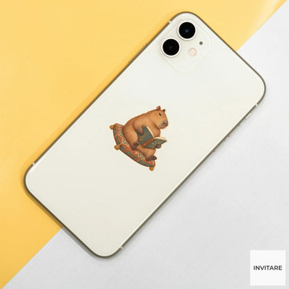 Capybara Reading Cushion Vinyl Sticker, Bookish Animal Art for Journals and Laptops