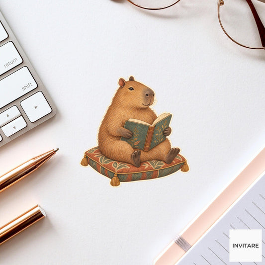 Capybara Reading Cushion Vinyl Sticker, Bookish Animal Art for Journals and Laptops