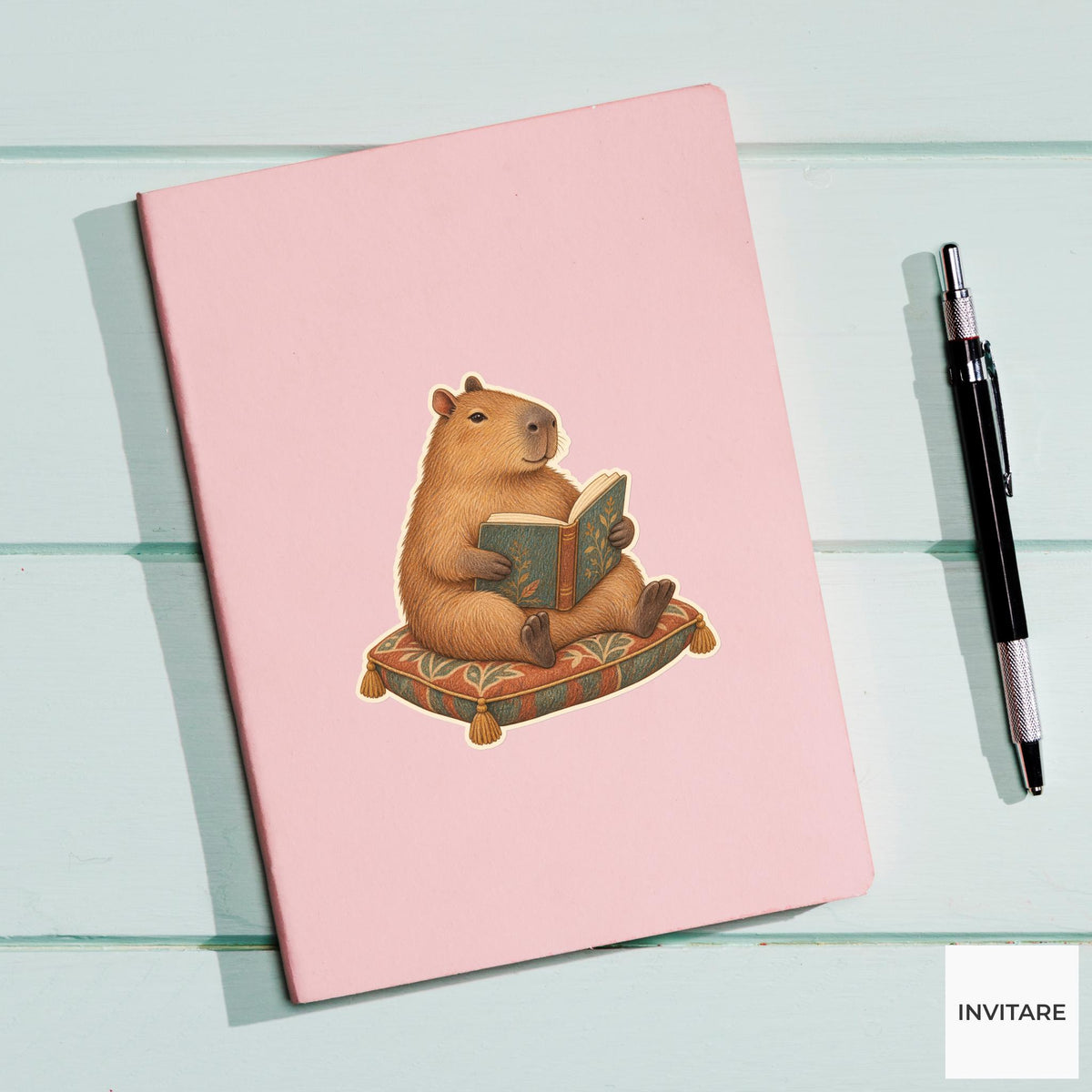 Capybara Reading Cushion Vinyl Sticker, Bookish Animal Art for Journals and Laptops
