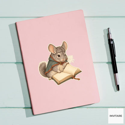 Chinchilla Open Book Reader Vinyl Sticker, Bookish Animal Art for Journals and Laptops
