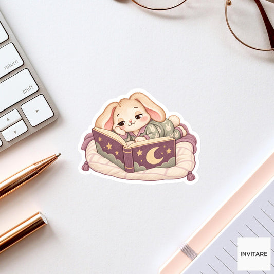 Rabbit Lying on a Pillow Reading One Oversized Bedtime Book Vinyl Sticker, Sleepy Bedtime Journal Decor