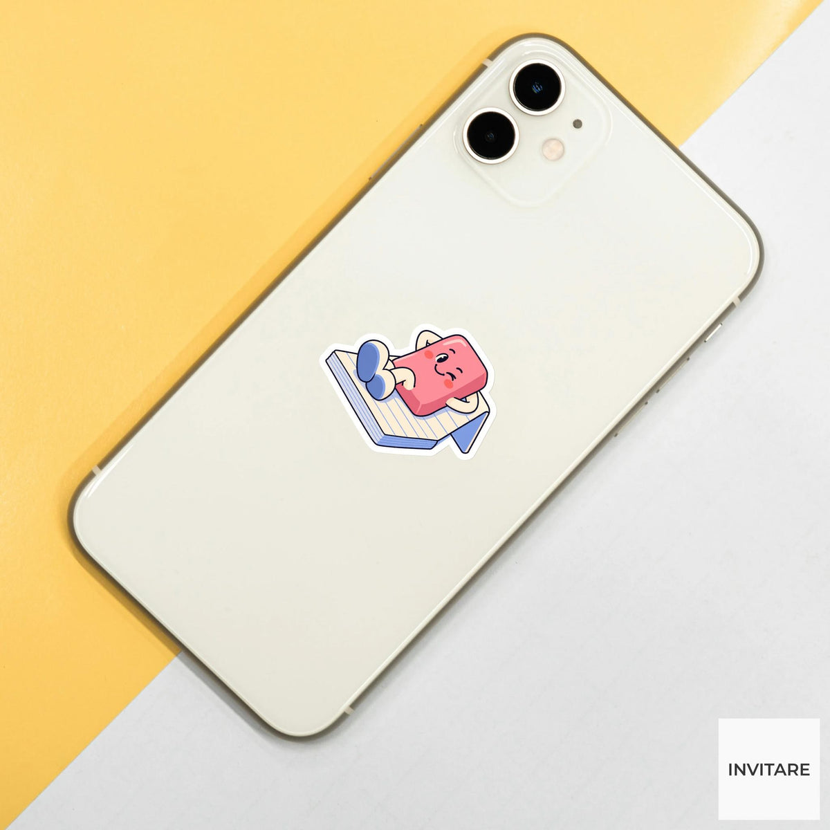 Pink Eraser Reclining on a Folded Memo Pad Vinyl Sticker, Funny Desk Break Decal