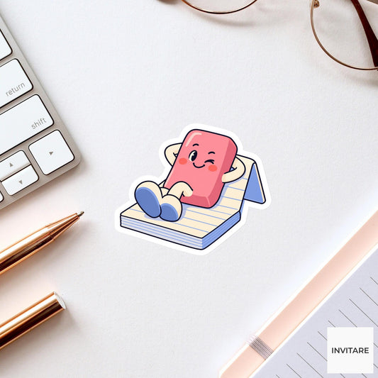 Pink Eraser Reclining on a Folded Memo Pad Vinyl Sticker, Funny Desk Break Decal