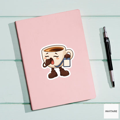 Espresso Cup Yawning while Holding a Blank Work Badge Vinyl Sticker, Funny Office Coffee Decal