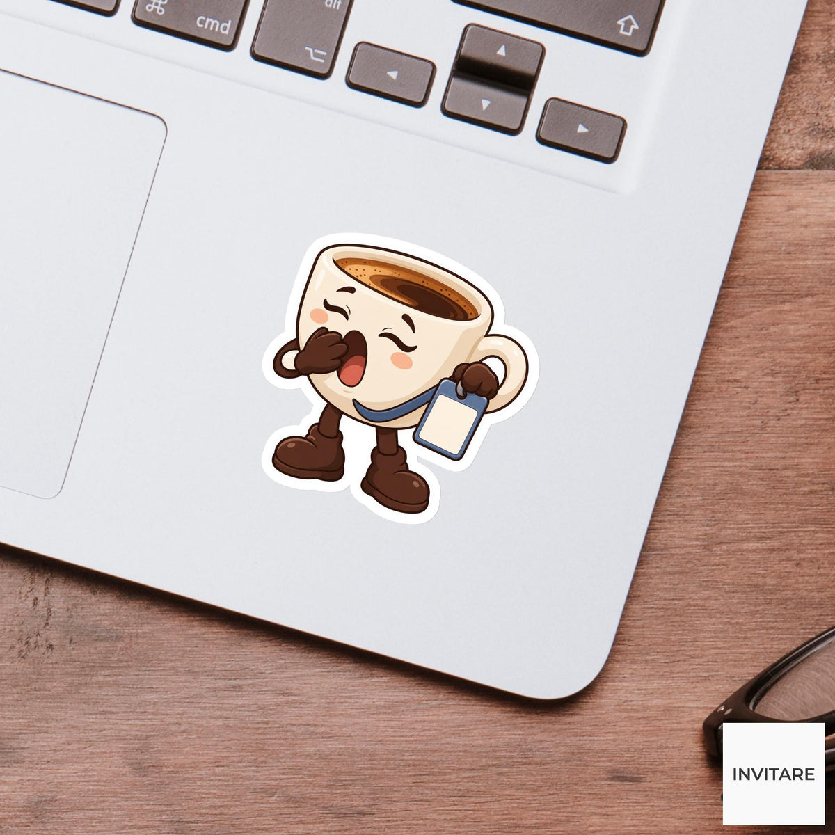 Espresso Cup Yawning while Holding a Blank Work Badge Vinyl Sticker, Funny Office Coffee Decal
