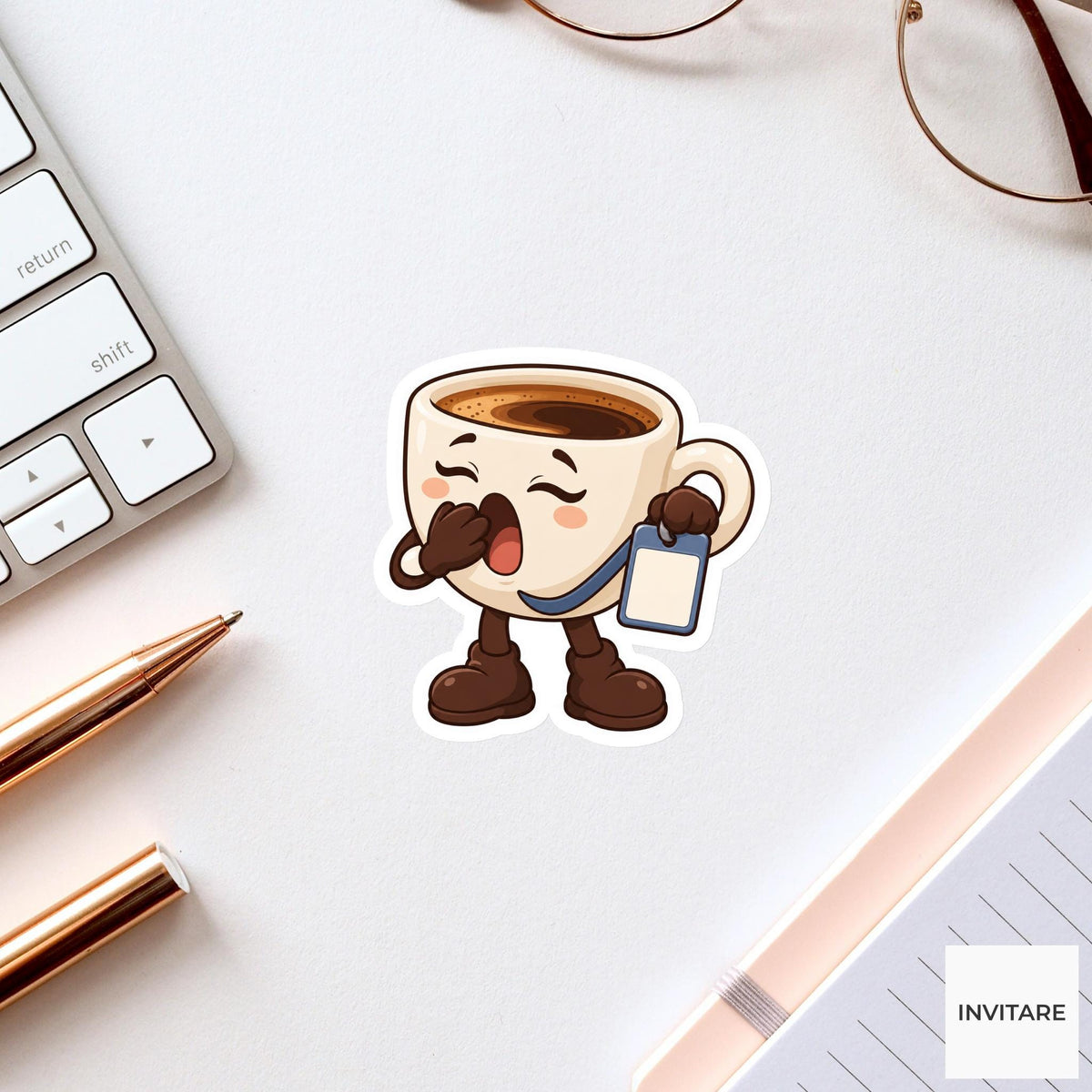Espresso Cup Yawning while Holding a Blank Work Badge Vinyl Sticker, Funny Office Coffee Decal