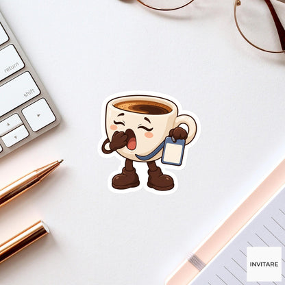Espresso Cup Yawning while Holding a Blank Work Badge Vinyl Sticker, Funny Office Coffee Decal