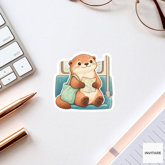 Otter Reading a Map on a Subway Seat Vinyl Sticker, Cozy Commute Decal