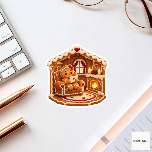 Gingerbread Resident Reading a Letter in a Caramel Armchair Vinyl Sticker, Christmas Cookie Room Art