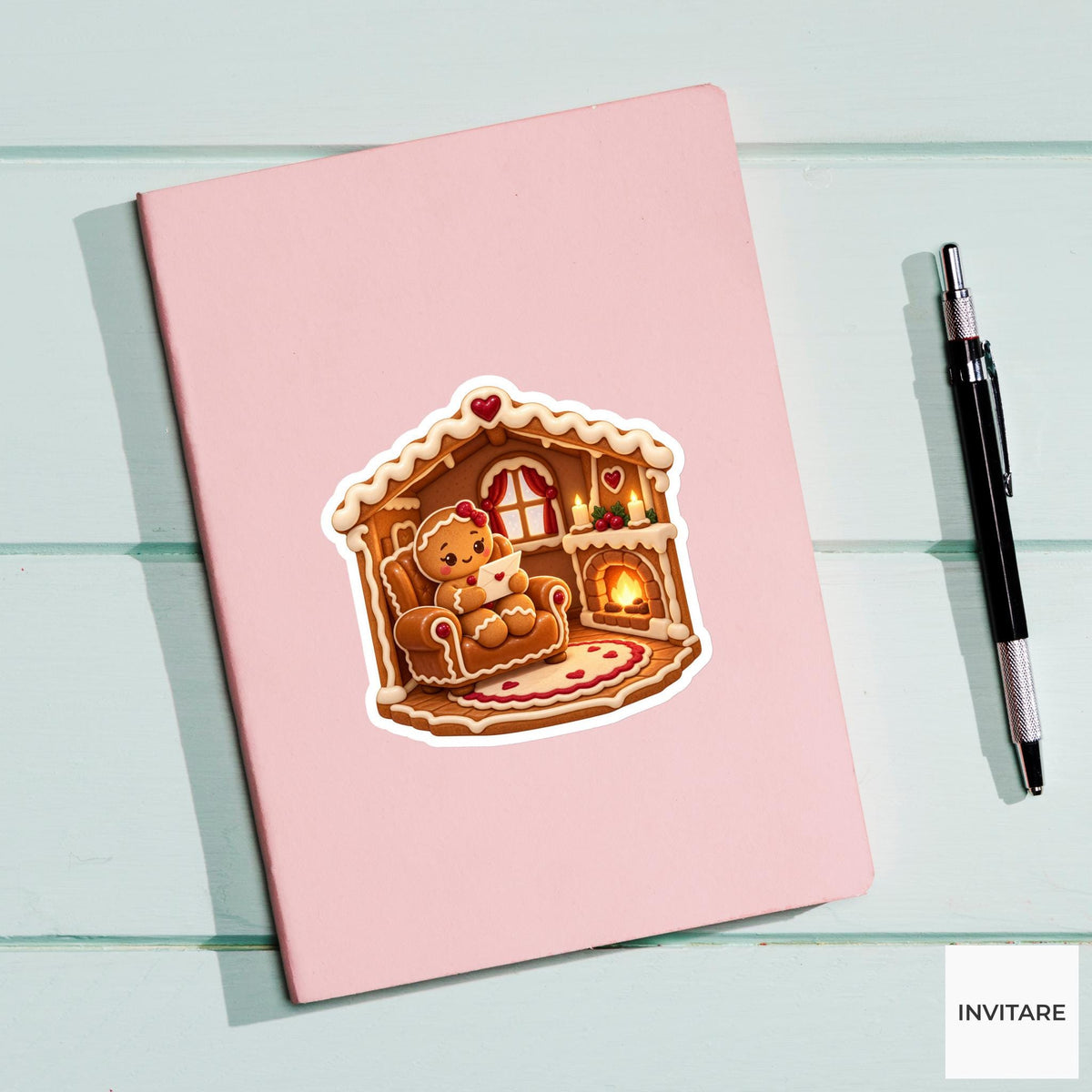Gingerbread Resident Reading a Letter in a Caramel Armchair Vinyl Sticker, Christmas Cookie Room Art