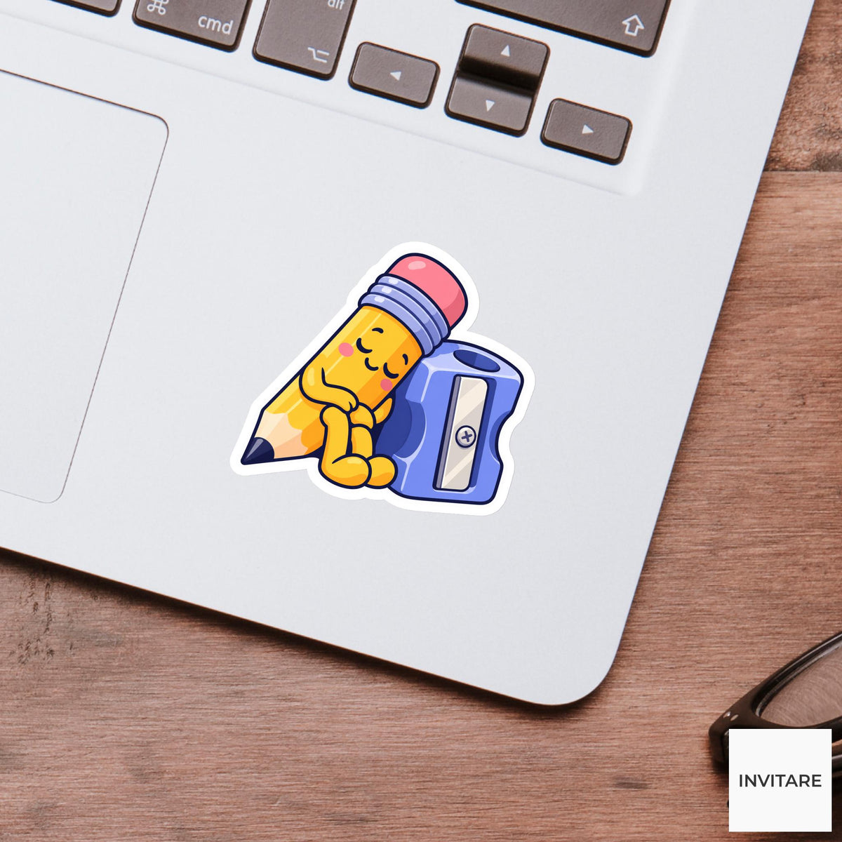 Yellow Pencil Sleeping against a Chunky Sharpener Vinyl Sticker, Funny Desk Break Decal