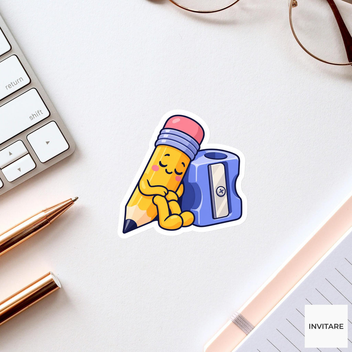 Yellow Pencil Sleeping against a Chunky Sharpener Vinyl Sticker, Funny Desk Break Decal