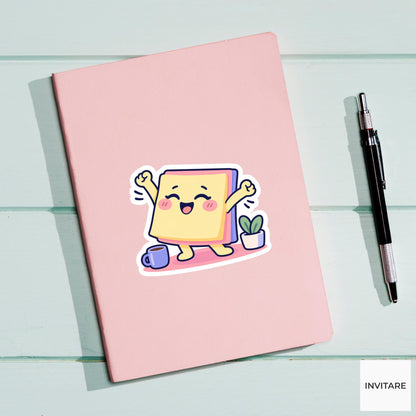 Sticky-note Pad Stretching Its Little Arms Vinyl Sticker, Funny Desk Break Decal
