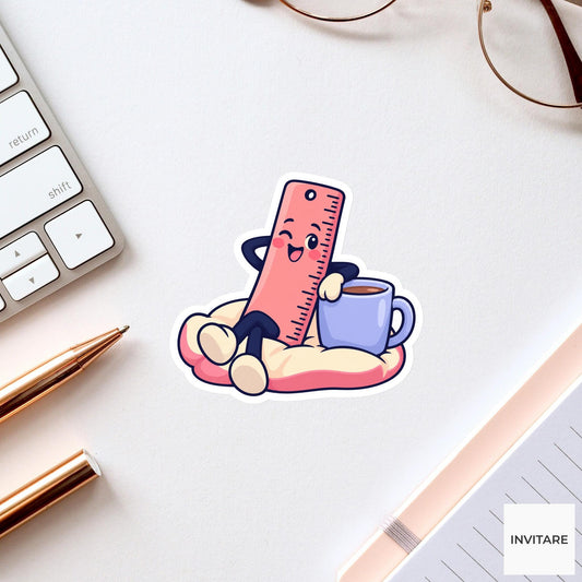Ruler Lounges beside a Mug Vinyl Sticker, Funny Desk Break Decal