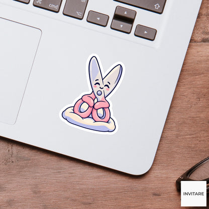 Cute Scissors Relaxing on a Cushion Vinyl Sticker, Funny Desk Break Stationery Decal