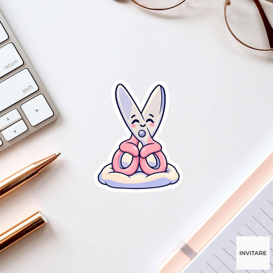 Cute Scissors Relaxing on a Cushion Vinyl Sticker, Funny Desk Break Stationery Decal