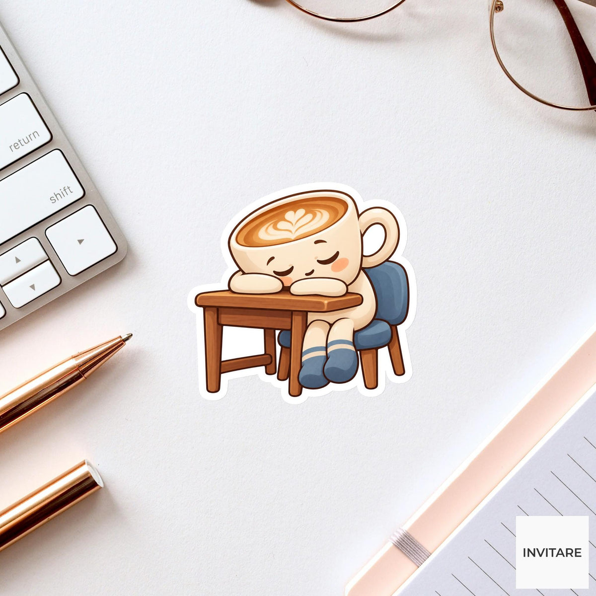 Latte Cup Leaning Sleepily Onto a Desk Edge Vinyl Sticker, Funny Office Coffee Decal