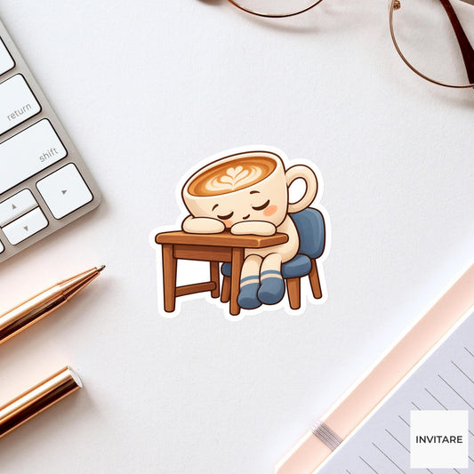 Latte Cup Leaning Sleepily Onto a Desk Edge Vinyl Sticker, Funny Office Coffee Decal