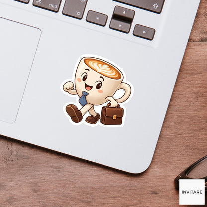 Cappuccino Mug Carrying a Stout Briefcase Vinyl Sticker, Funny Office Coffee Decal