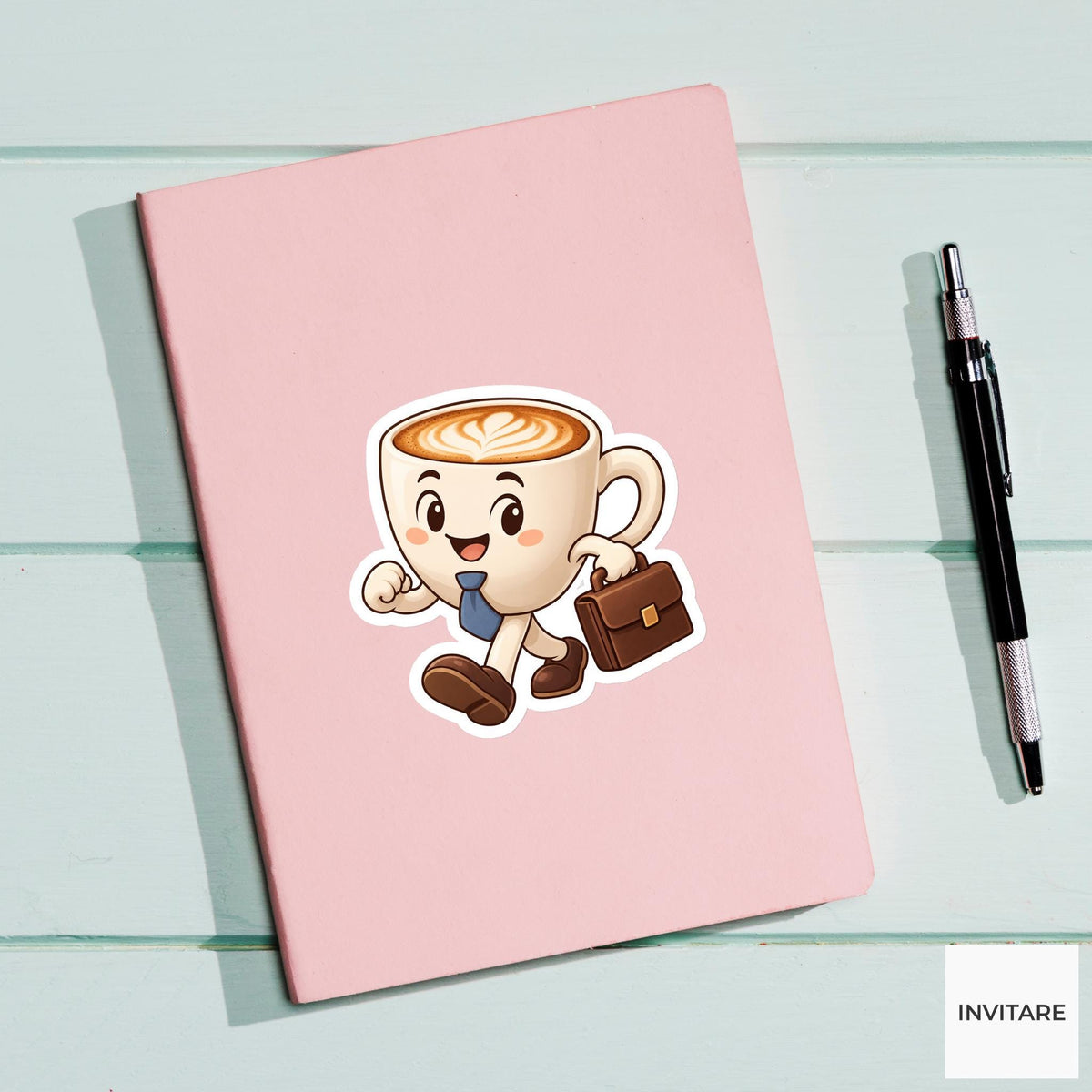 Cappuccino Mug Carrying a Stout Briefcase Vinyl Sticker, Funny Office Coffee Decal