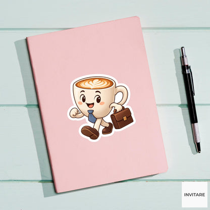 Cappuccino Mug Carrying a Stout Briefcase Vinyl Sticker, Funny Office Coffee Decal