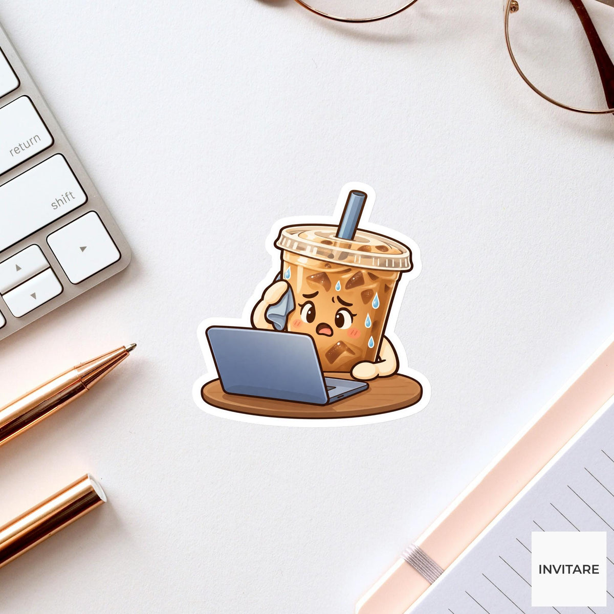Stressed Iced Coffee Working at a Laptop Vinyl Sticker, Funny Office Coffee Break Decal