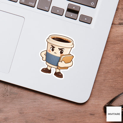 Americano Cup Standing Stiffly with a Paper Folder Vinyl Sticker, Funny Office Coffee Decal