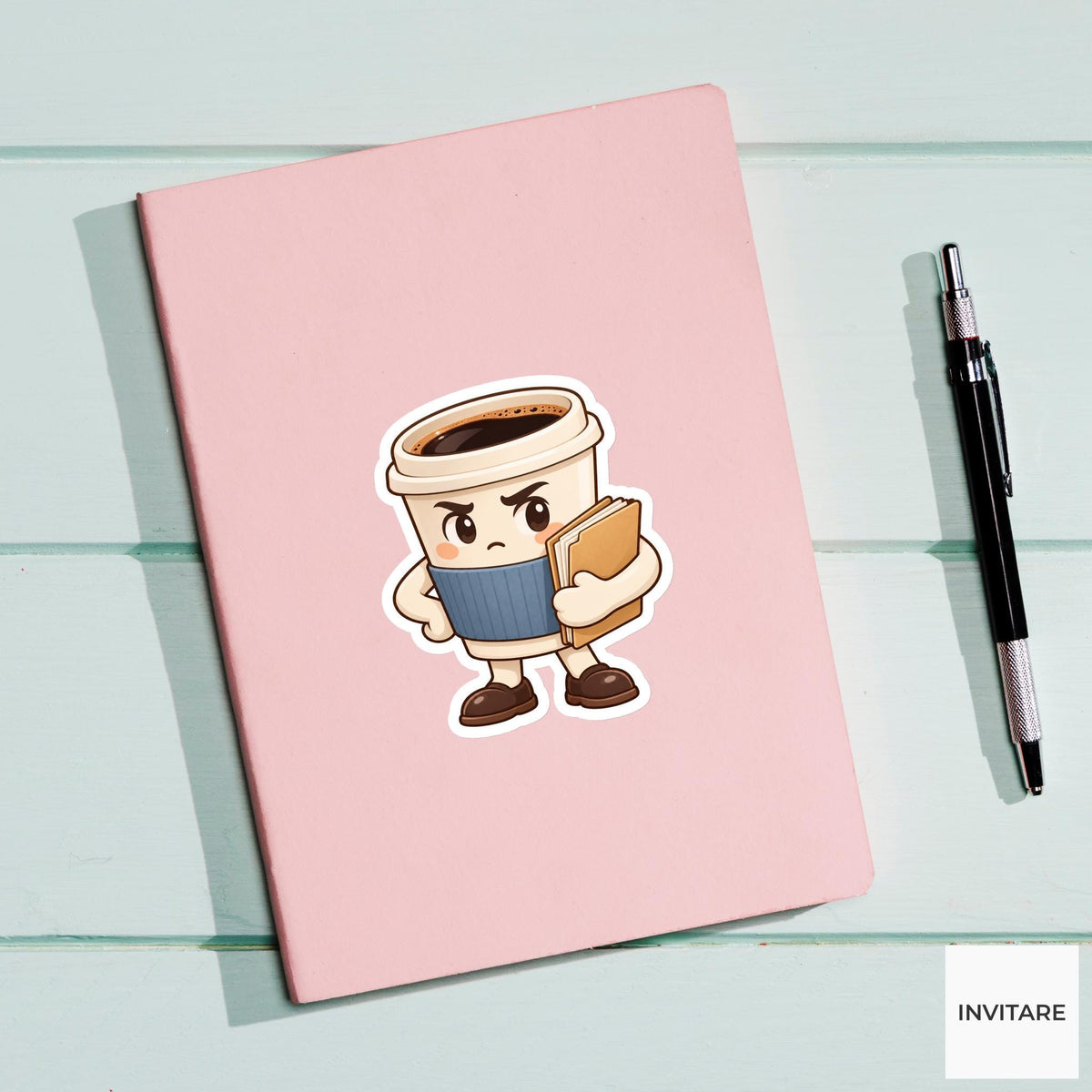 Americano Cup Standing Stiffly with a Paper Folder Vinyl Sticker, Funny Office Coffee Decal
