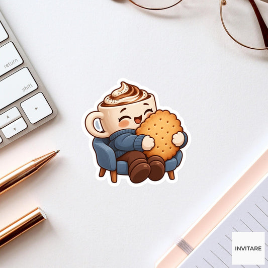 Mocha Mug Hugging a Large Biscuit on Its Break Vinyl Sticker, Funny Office Coffee Decal