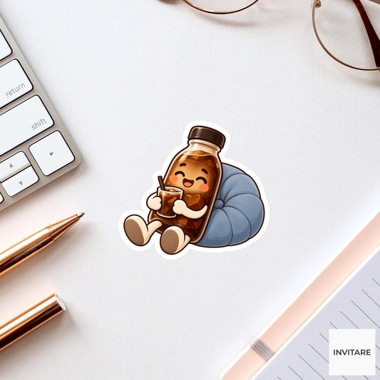 Cold-brew Bottle Resting against a Round Office Cushion Vinyl Sticker, Funny Office Coffee Decal
