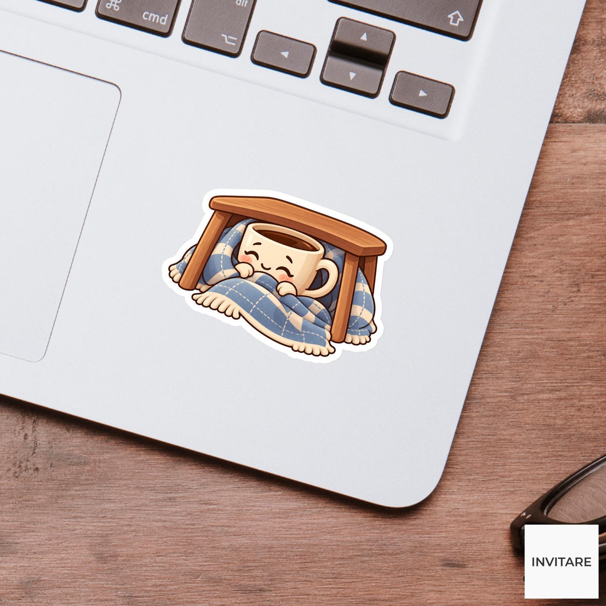Decaf Mug Curling Under a Little Desk Blanket Vinyl Sticker, Funny Office Coffee Decal