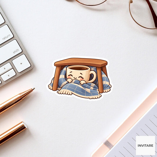 Decaf Mug Curling Under a Little Desk Blanket Vinyl Sticker, Funny Office Coffee Decal