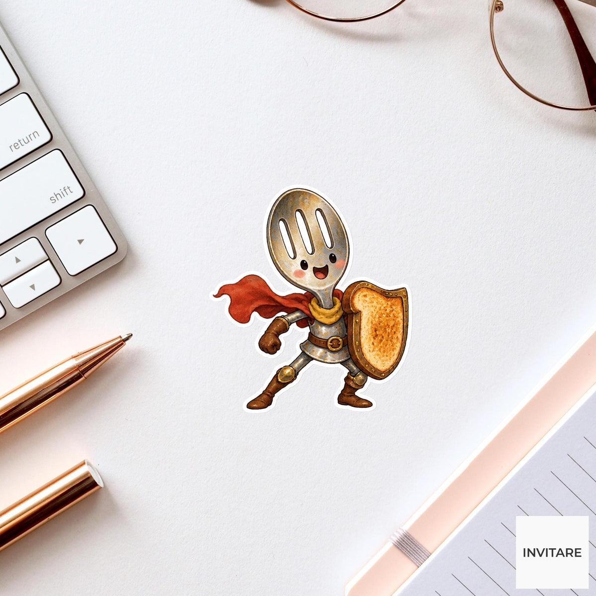 Fork Knight With Golden Shield Vinyl Sticker, Whimsical Kitchen Adventure Decal