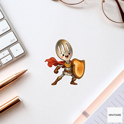 Fork Knight With Golden Shield Vinyl Sticker, Whimsical Kitchen Adventure Decal
