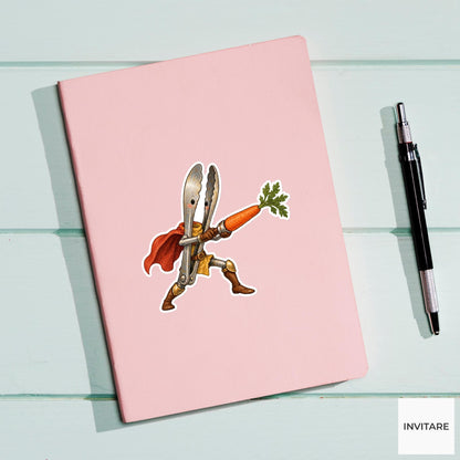 Tongs Knight With Carrot Vinyl Sticker, Whimsical Kitchen Adventure Decal
