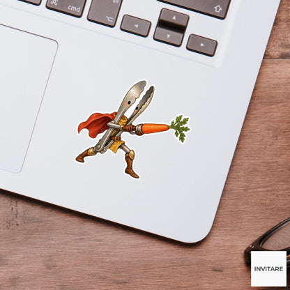 Tongs Knight With Carrot Vinyl Sticker, Whimsical Kitchen Adventure Decal
