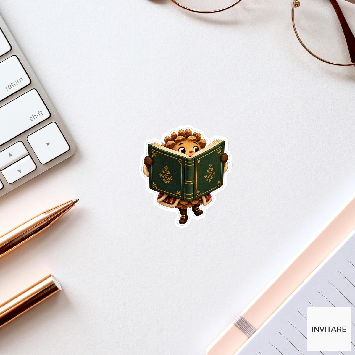 Tiny Pinecone Behind Giant Songbook Vinyl Sticker, Cozy Christmas Choir Decal