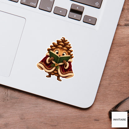 Pinecone Reading Songbook Closely Vinyl Sticker, Cozy Christmas Choir Decal
