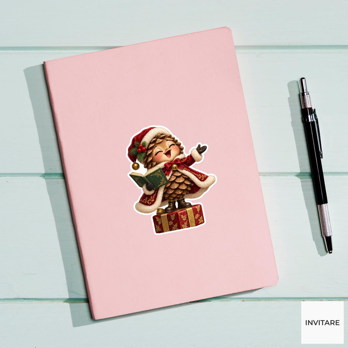 Pinecone Singing On A Gift Box Vinyl Sticker, Cozy Christmas Choir Decal
