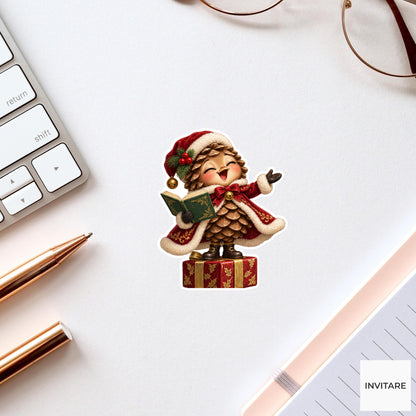 Pinecone Singing On A Gift Box Vinyl Sticker, Cozy Christmas Choir Decal