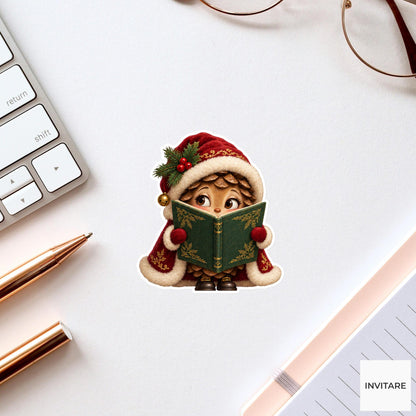 Shy Pinecone Behind Green Songbook Vinyl Sticker, Cozy Christmas Choir Decal