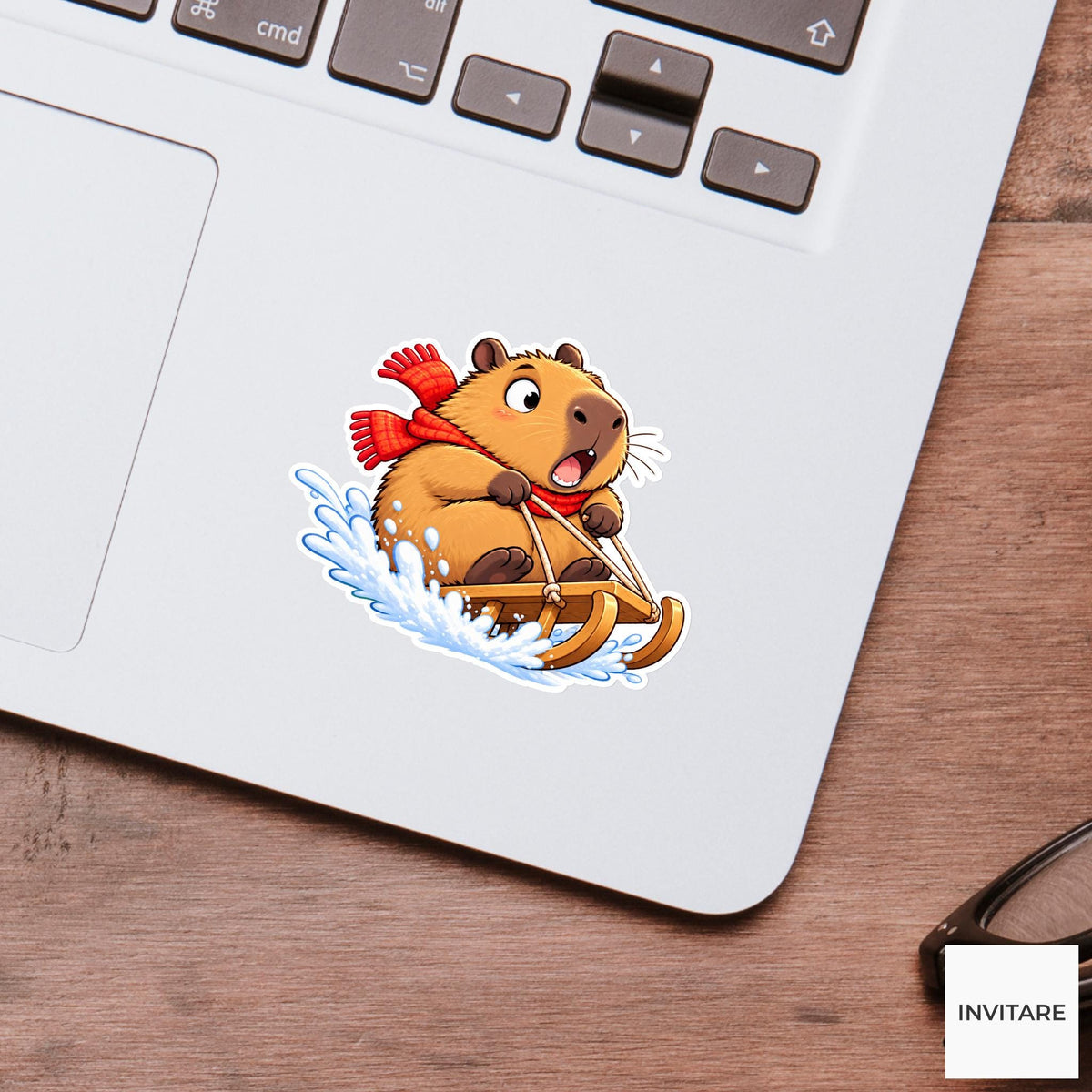 Capybara Gripping Sled Reins Vinyl Sticker, Cute Winter Sled Lesson Decal
